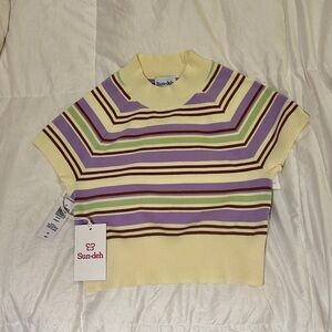 Aritzia Striped Knit Top in butter yellow, Green, and purple. Size S